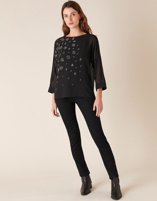 Leopard Heat-Seal Gem Blouse, Black (BLACK), large