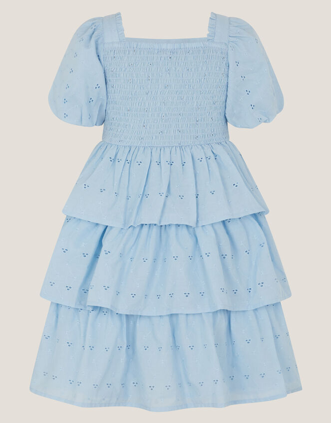 Floral Broderie Puff Sleeve Tiered Dress, Blue (BLUE), large