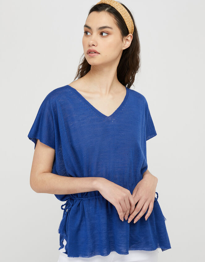 Demi Tassel Drawstring Top in Linen Blend, Blue (BLUE), large