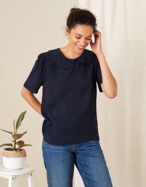 Collared Short Sleeve Top, Blue (NAVY), large