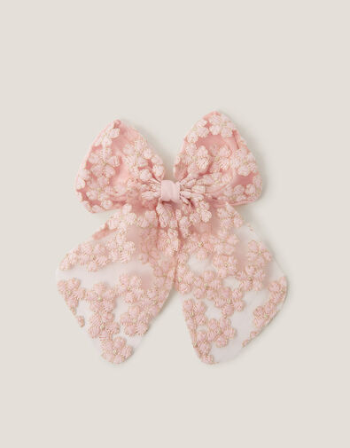 Floral Embroidered Bow Hair Clip, , large