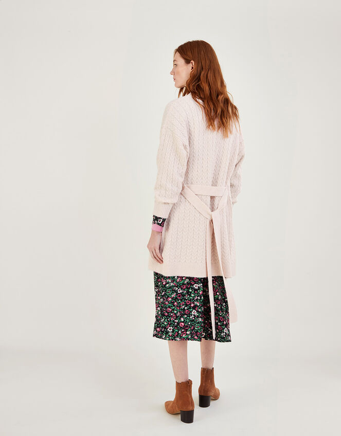 Belted Longline Cable Knit Cardigan, Ivory (IVORY), large