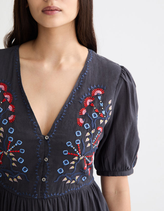Scotch & Soda Embroidered Short Sleeve Midi Dress, Grey (CHARCOAL), large