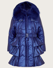 Shimmer Ruffle Hem Padded Coat, Blue (BLUE), large
