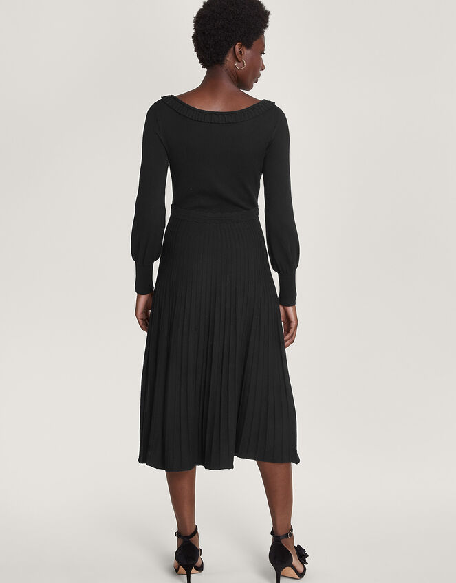 Pleat Trim Slash Neck Midi Dress, Black (BLACK), large