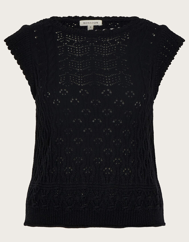 Multi Stitch Pointelle Knitted Vest, Black (BLACK), large
