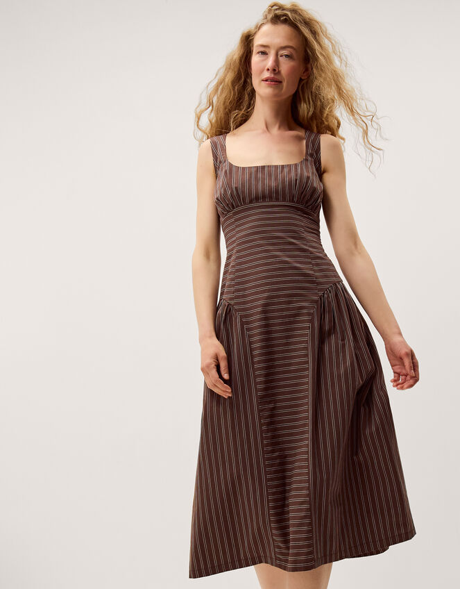 Selena Square Neck Stripe Midi Dress Brown