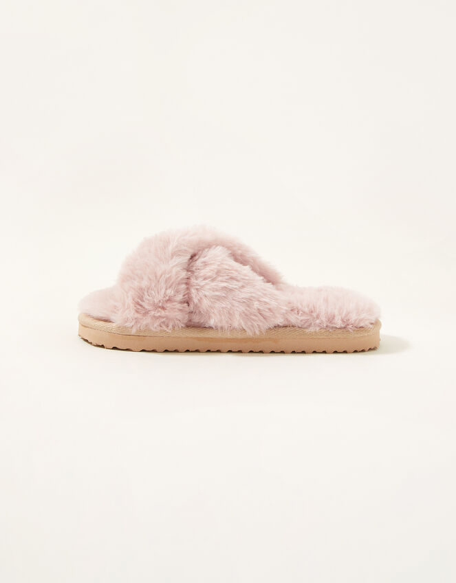 Cross Strap Fluffy Sliders, Pink (PINK), large