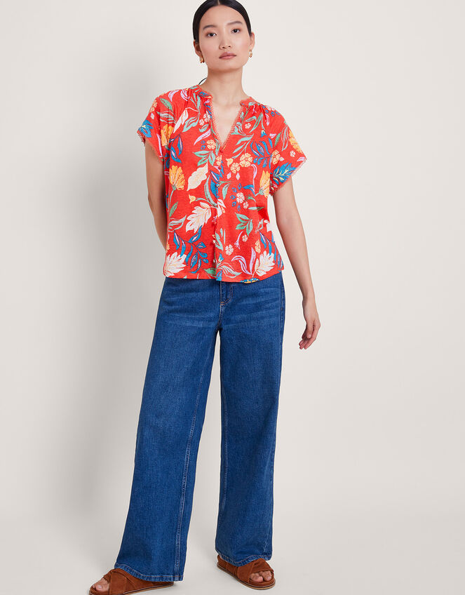 Alma Print Linen T-Shirt, Red (RED), large