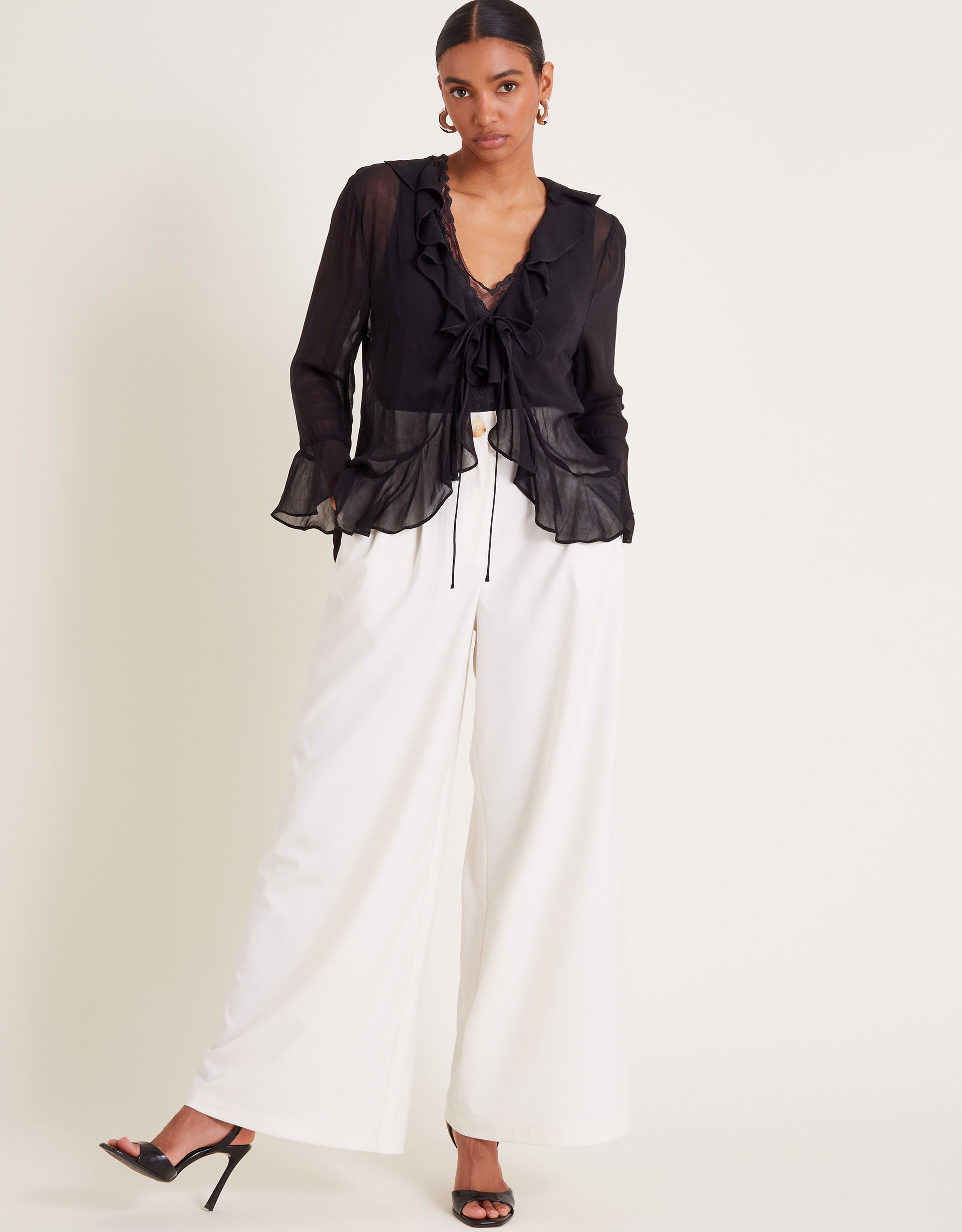 Fiona Sheer Frill Tie-Front Blouse Black