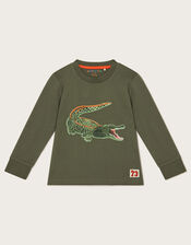Crocodile Print Long Sleeve Top, Green (KHAKI), large