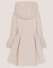 Faux Fur Hood Double Breasted Coat, Cream (CREAM), large