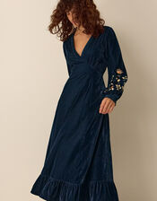Clemence Constance V-Neck Floral Embroidered Velvet Midi Dress, Teal (TEAL), large
