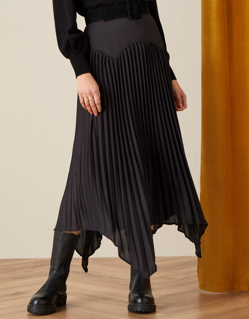 Pleated Handkerchief Hem Midi Skirt , Black (BLACK), large