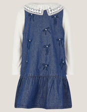 Collar Top & Chambray Bow Dress Set, Blue (BLUE), large
