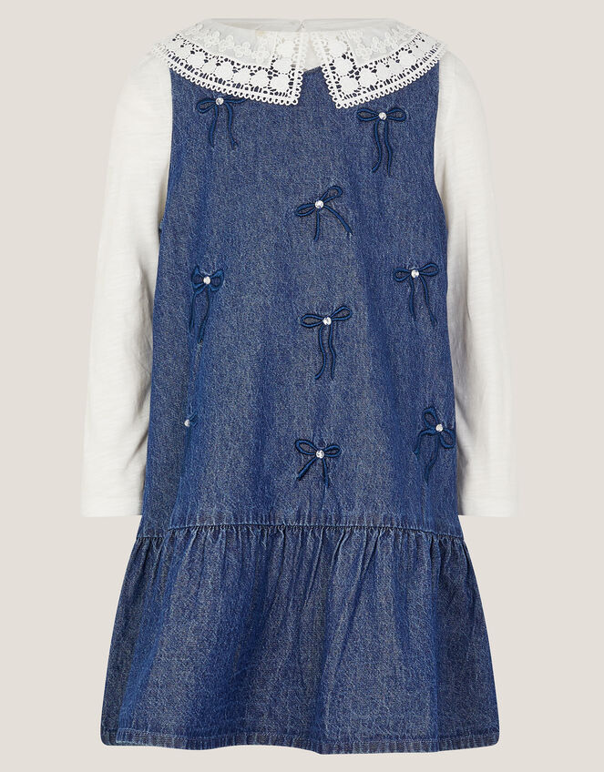 Collar Top & Chambray Bow Dress Set, Blue (BLUE), large