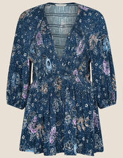 Floral Print Shirred Jersey Top, Blue (NAVY), large