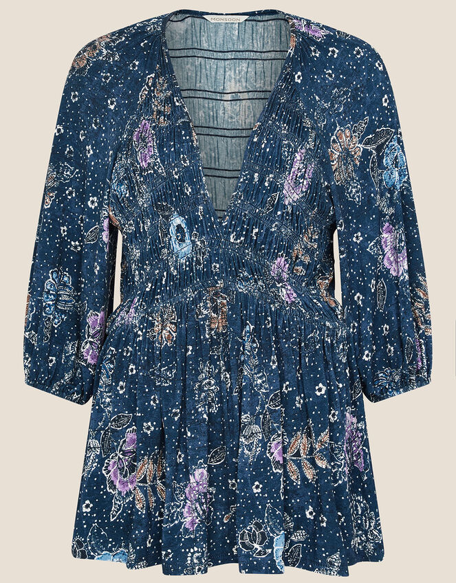 Floral Print Shirred Jersey Top, Blue (NAVY), large