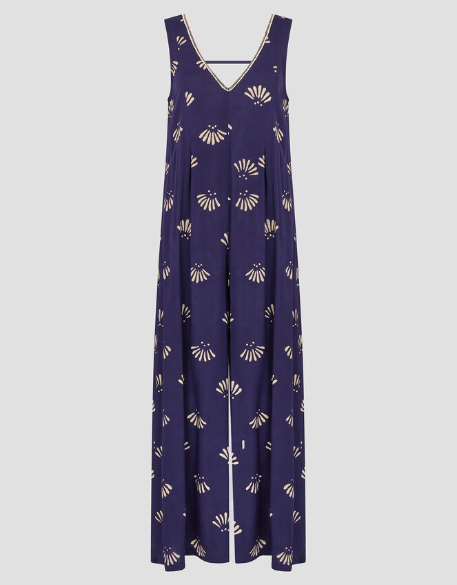 Briana Fan Print Wide Leg Jumpsuit, Blue (NAVY), large