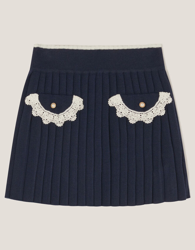 Crochet Knit Pleated Skirt, Blue (NAVY), large