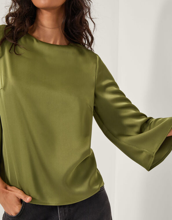 Ingrid Bell Sleeve Satin Blouse, Green (OLIVE), large