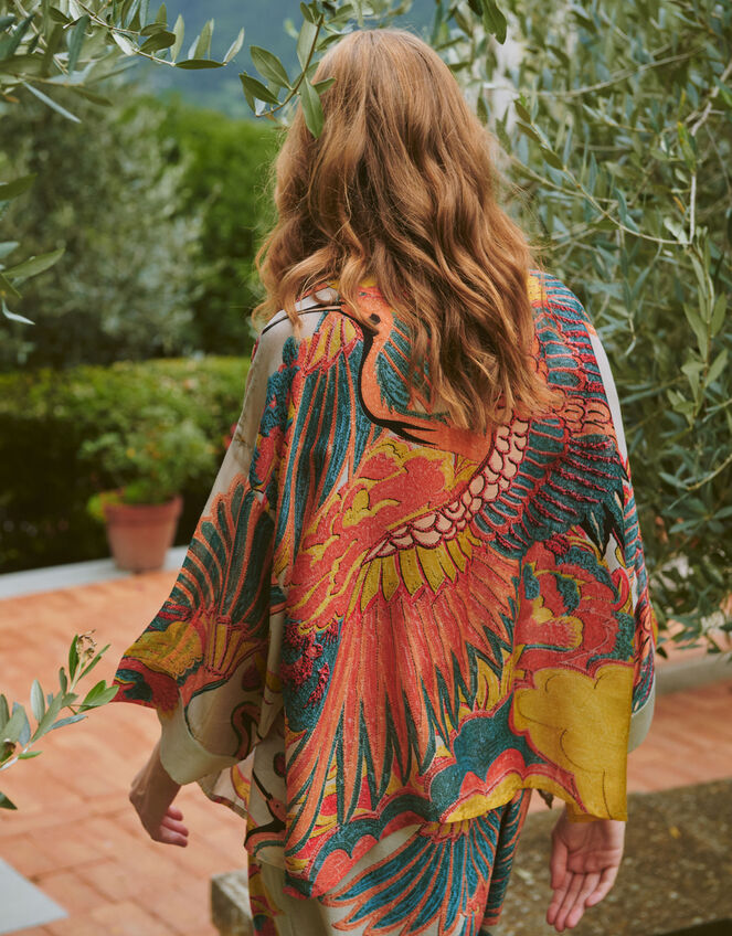 One Hundred Stars Crane Print Kimono Jacket, Natural (STONE), large