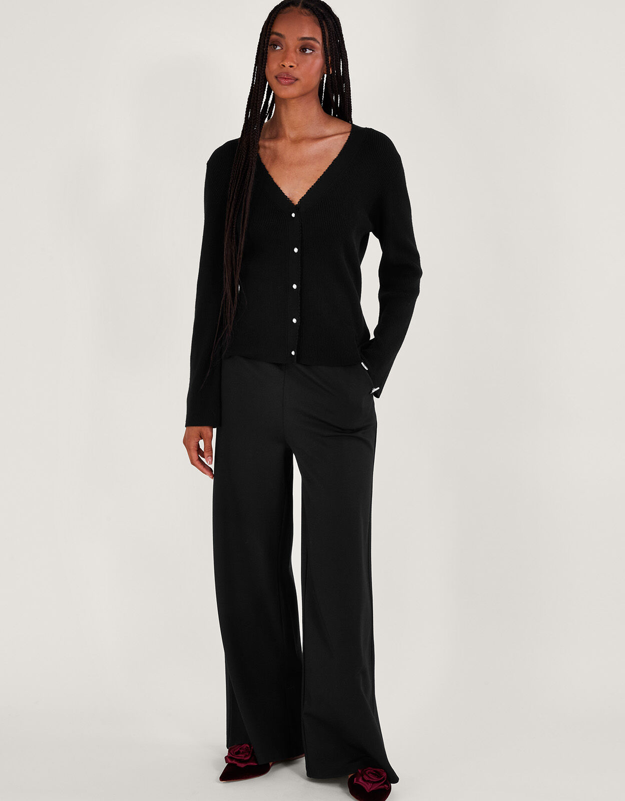 Black cardigan with pearl buttons hot sale