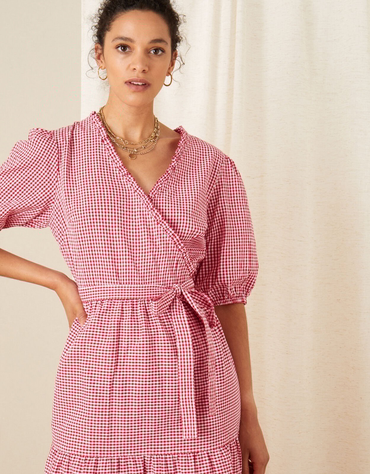 Red gingham wrap dress deals
