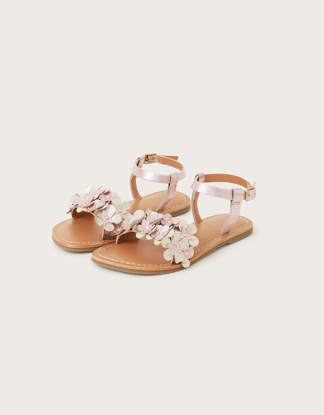 Leather Flower Frill Sandals Pink