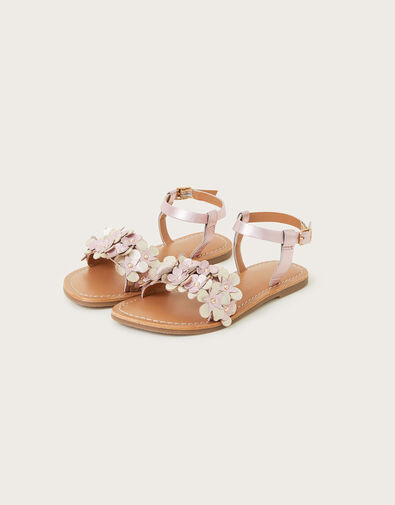 Leather Flower Frill Sandals, Pink (PINK), large