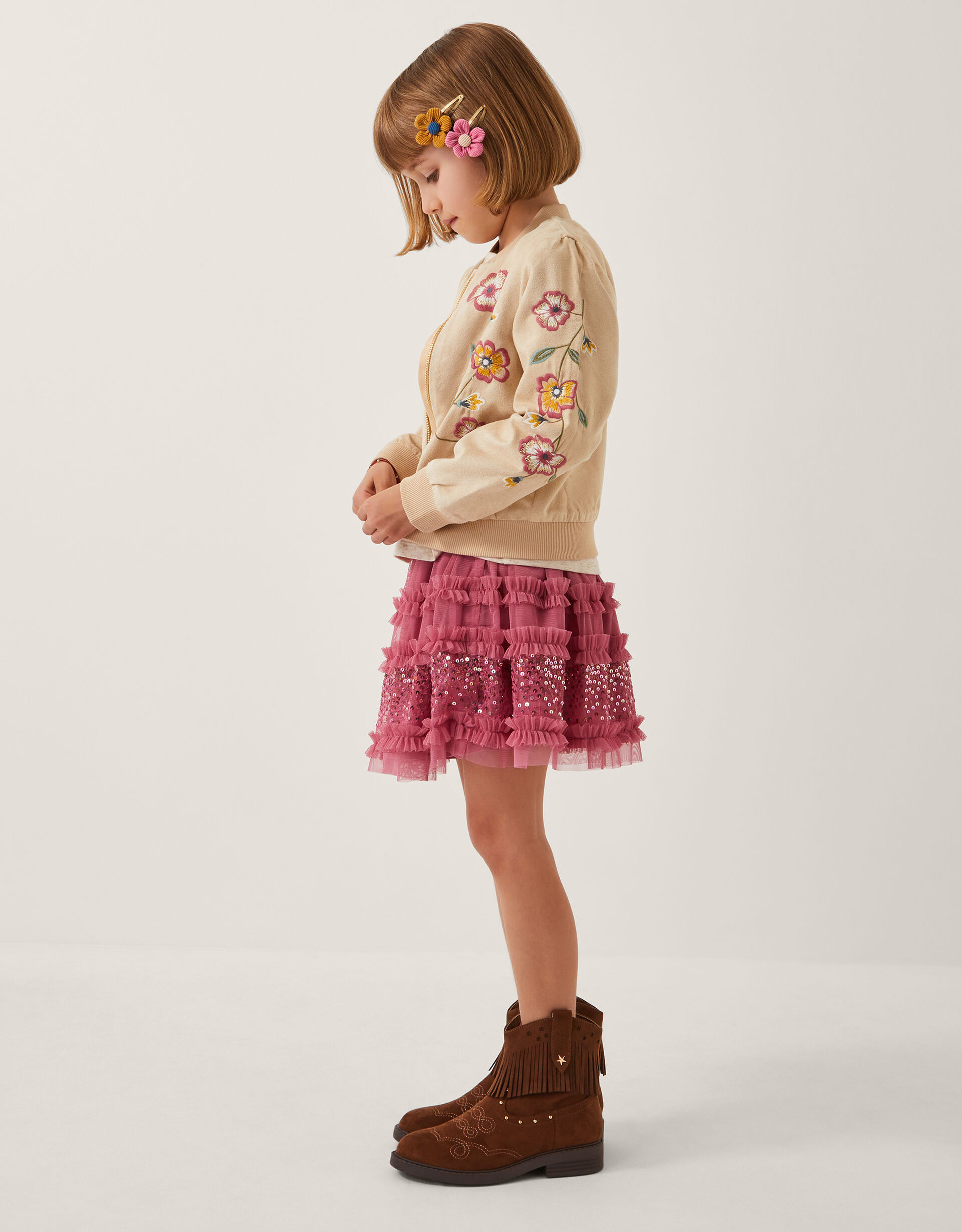 Embroidered Suedette Bomber Jacket Camel