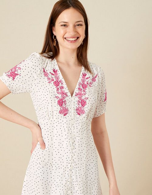 Embroidered Spot Button Midi Dress , Ivory (IVORY), large