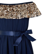 Vera Sequin Bardot Hanky Hem Dress, Blue (NAVY), large