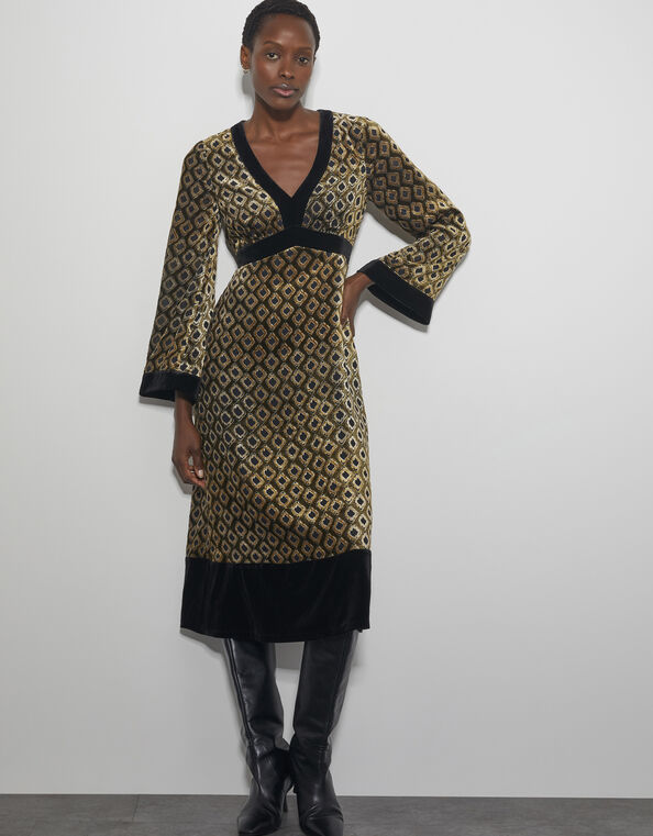 Jade Velvet Jacquard Midi Dress, Brown (CHOCOLATE), large