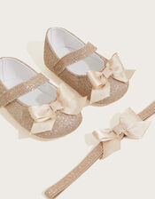 Glitter Bow Bando and Booties, Gold (GOLD), large