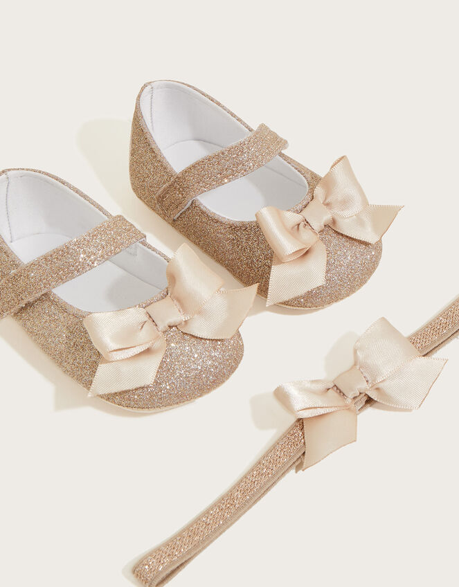 Glitter Bow Bando and Booties, Gold (GOLD), large