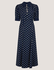 Kate Puff Sleeve Polka Dot Midi Dress, Blue (NAVY), large