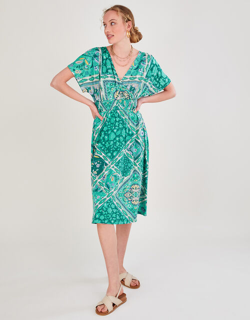 Scarf Print Wrap Jersey Dress, Green (GREEN), large