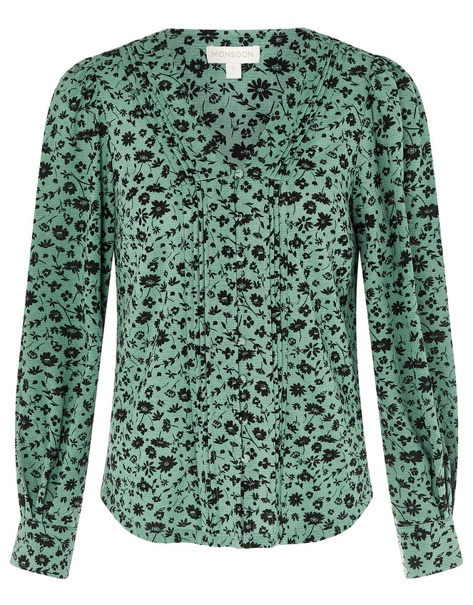 Floral V-Neck Long Sleeve Top, Green (GREEN), large