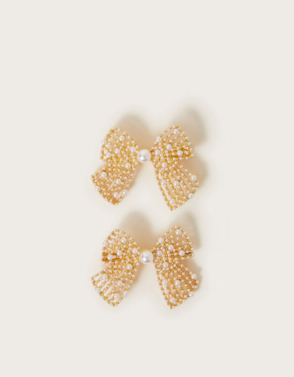 2-Pack Pearl Metal Bow Hair Clips, , large
