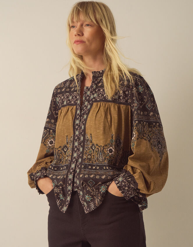 Branwen Floral Print Jersey Blouse, Yellow (OCHRE), large