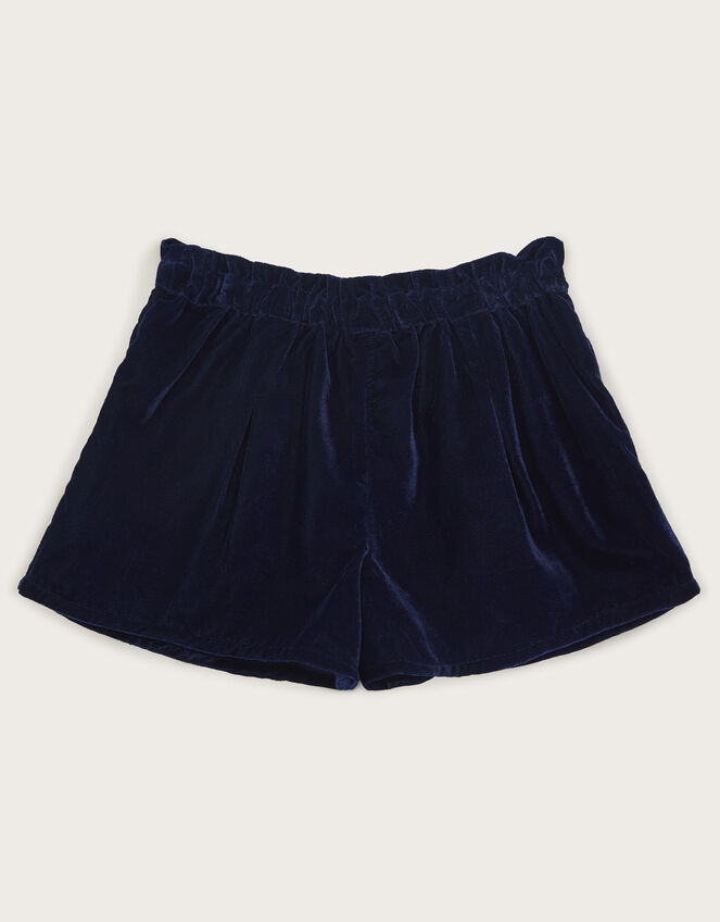 Flower Embellished Velvet Shorts, Blue (NAVY), large