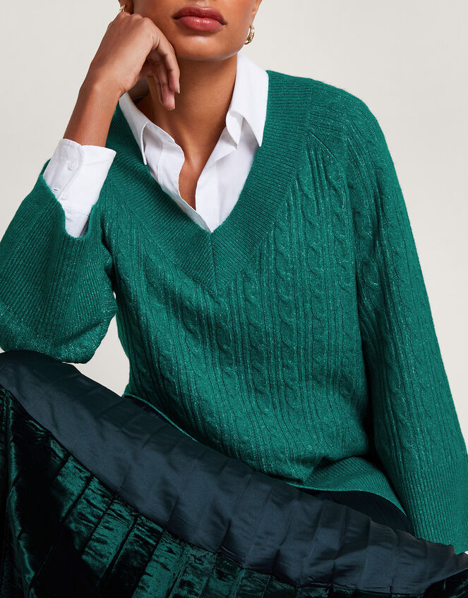 V-Neck Cable Longline Jumper, Green (GREEN), large