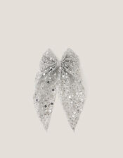 Long Sequin Bow Hair Clip, Silver (SILVER), large