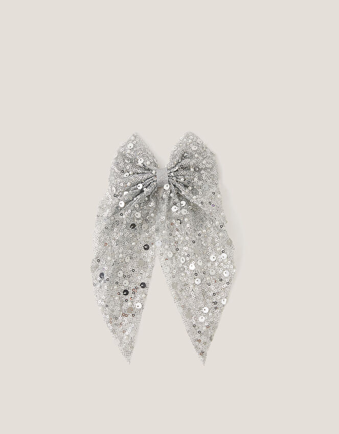 Long Sequin Bow Hair Clip, Silver (SILVER), large