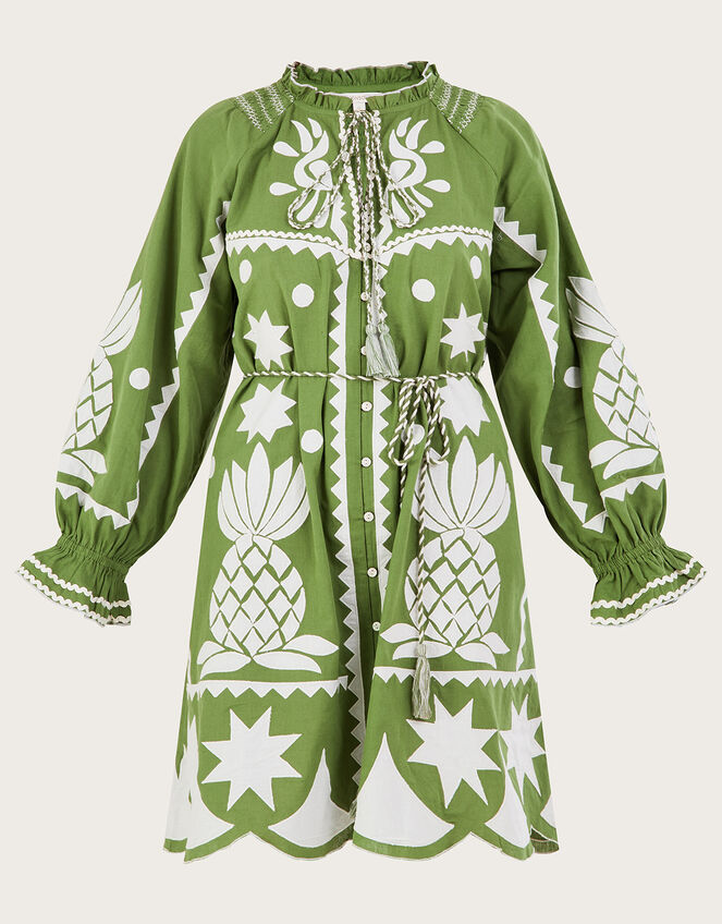 Embroidered Pineapple Applique Dress in Linen Blend, Green (GREEN), large
