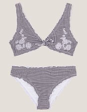 Gingham Embroidered Frill Bikini Set, Black (BLACK), large