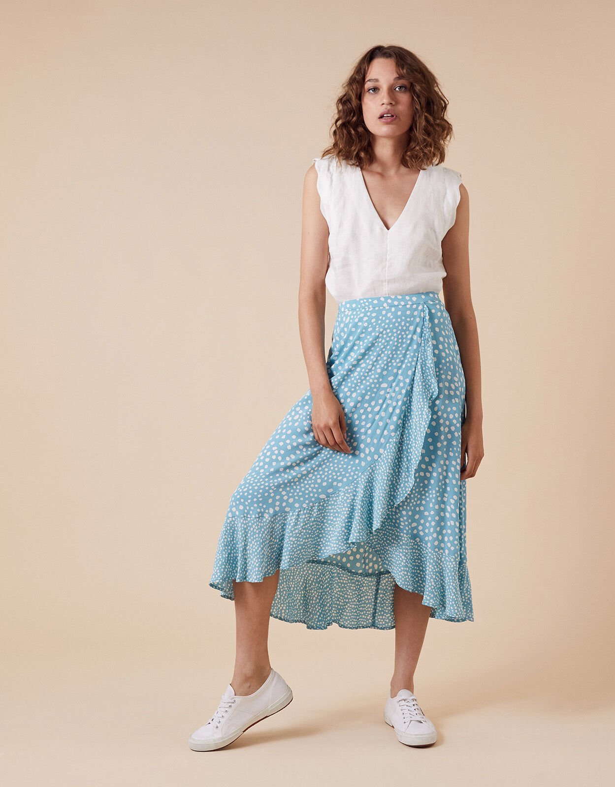 Spot Print Wrap Skirt in Sustainable Viscose Blue