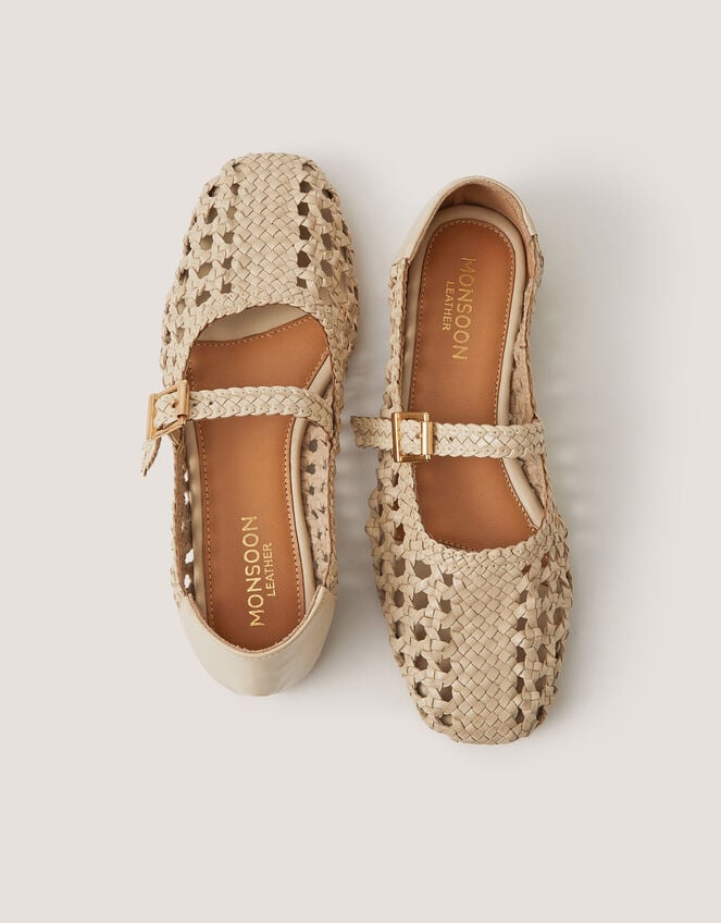 Bessy Woven Leather Mary Jane Ballet Flats, Ivory (IVORY), large