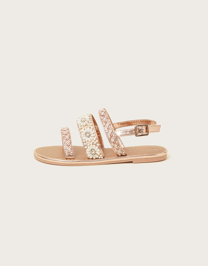 Pearl Flower Embellished Sandals, Gold (ROSE GOLD), large